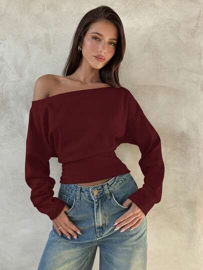 Aloruh Top de manga larga asimétrico de hombro de punto de color albaricoque para mujer, otoño/invierno