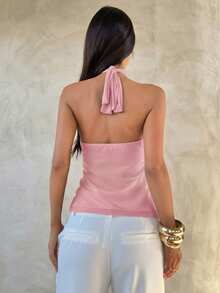 Aloruh 女士优雅多层荷叶边立领修身背心 - 粉色 - 查看 3