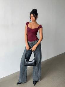 Aloruh Solid Color Sweetheart Collar Fitted Burgundy Lace Bodysuit,Elegant, Sexy, Casual, And Work-Appropriate Bodysuit,Vacation Outfits Women,Spring Outfit Women,Valentine's Day - Burgundy - View 5