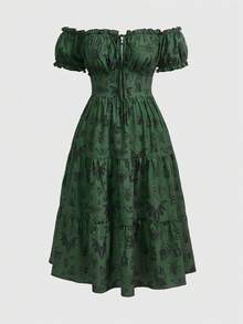 ROMWE Fairycore 大码复古浪漫深色飞蛾印花露肩泡泡袖女式连衣裙 - 墨綠色 - 查看 1
