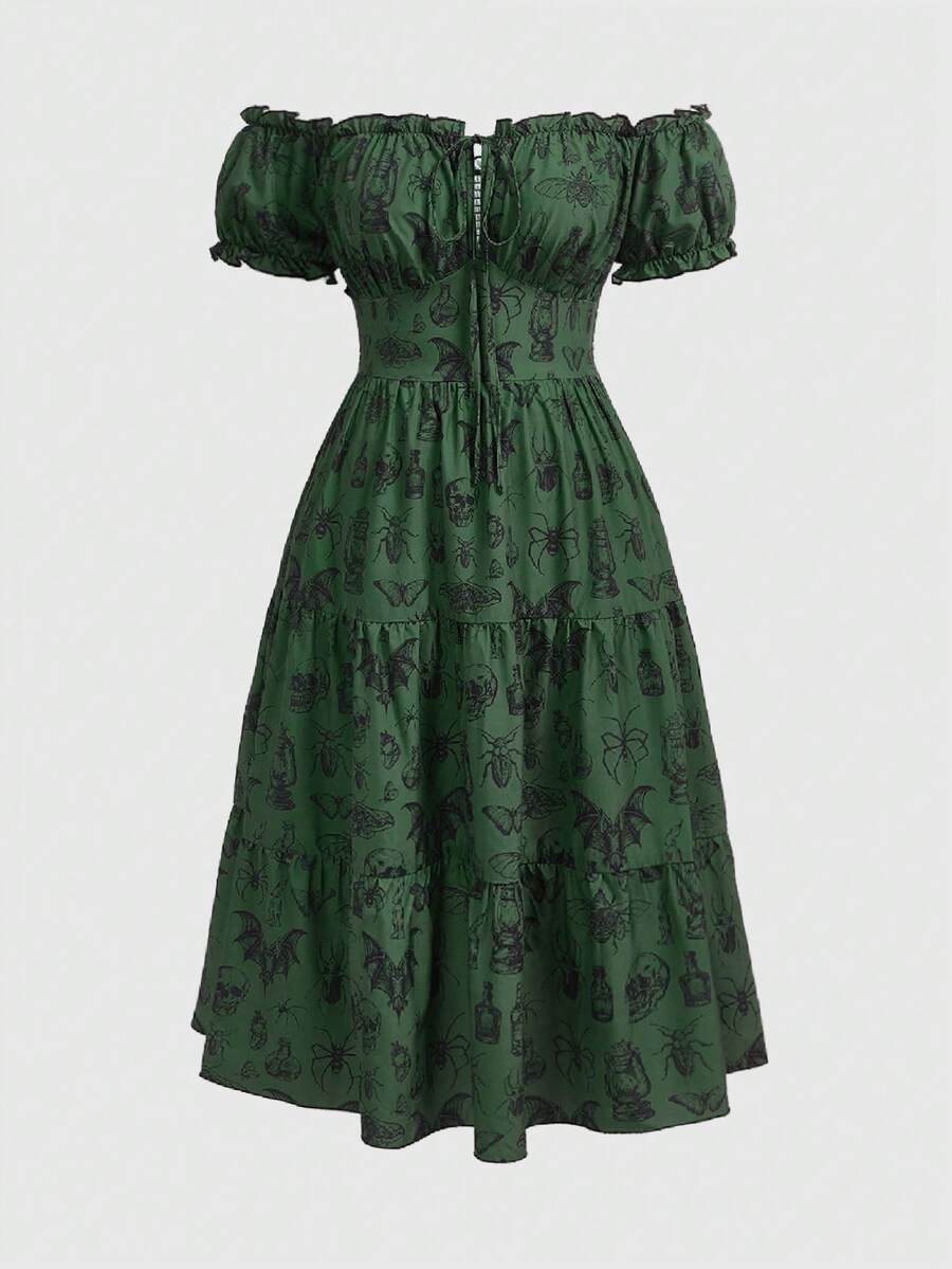 ROMWE Fairycore 大码复古浪漫深色飞蛾印花露肩泡泡袖女式连衣裙 - 墨綠色 - 查看 1