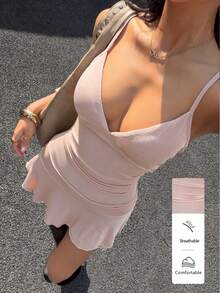 Flirla 女士深V领无袖迷你紧身连衣裙，简约闪光针织弹力派对连衣裙 - 粉色 - 查看 1