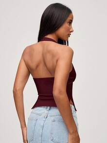 SHEIN BASICS 女士休闲纯色针织露背上衣 - 酒紅色 - 查看 3