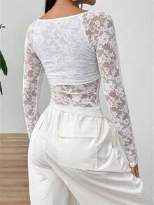 SHEIN EZwear Fashionable Sexy Open Collar Long Sleeve Lace Blouse For Women - White - View 2