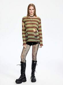 Chiquease Women's Basic Minimalist Striped Gothic Style Sexy Ripped Sweater - Green - View 6