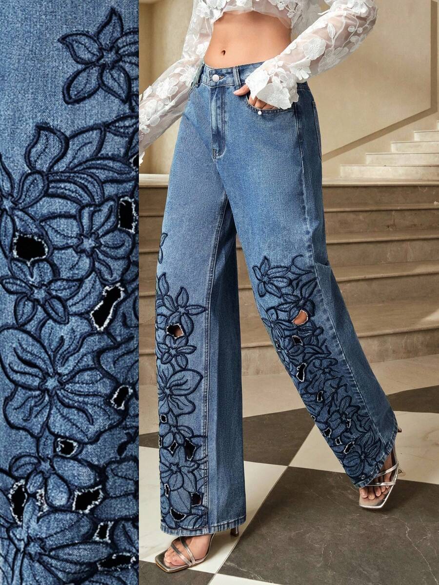 Selenza Women's High-End Floral Embroidery Hollow-Out Denim Jeans - Medium Wash - View 1