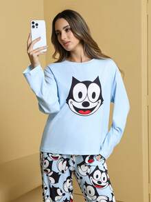 SHEIN Felix The Cat Conjunto de Pijama Feminino com Estampa de Gato Cartoon, Manga Longa e Calça Confortável, Outono - Azul - Visão 9