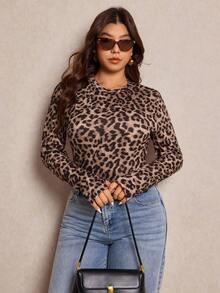 Elaquor 加大码法式豹纹翻领T恤，打底T恤，长袖，基础款T恤 - 彩色 - 查看 1