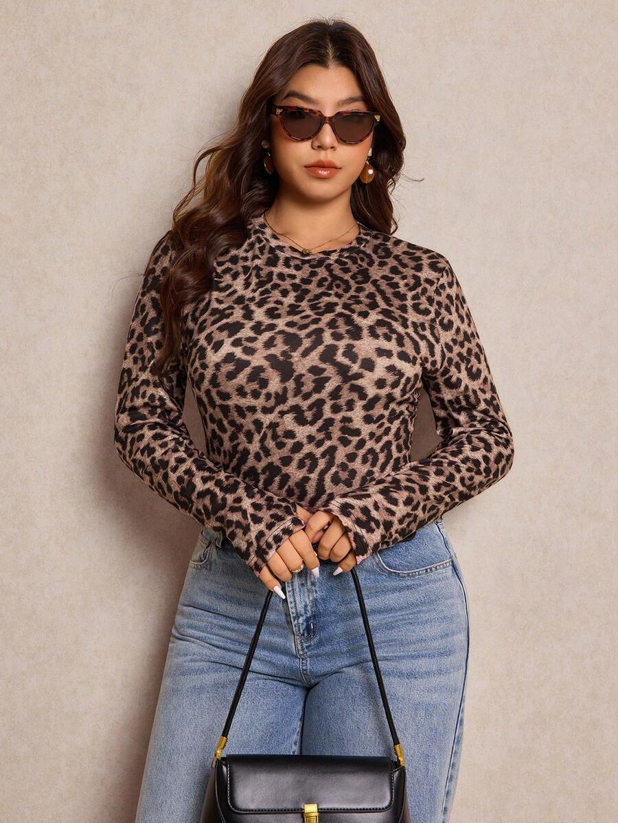 Elaquor 加大码法式豹纹翻领T恤，打底T恤，长袖，基础款T恤 - 彩色 - 查看 1