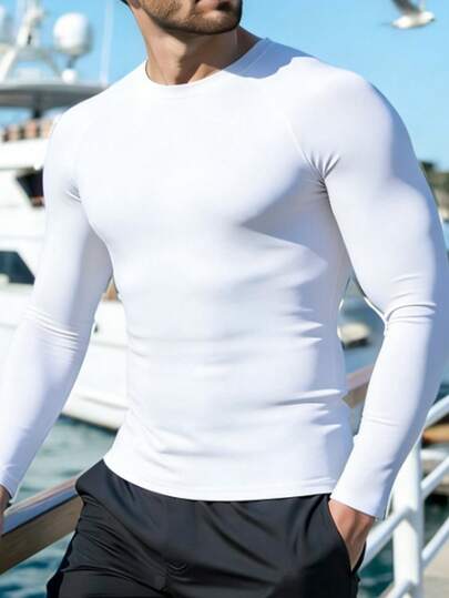 HIMLAND חולצת טי עם שרוולים ארוכים, מינימליסטית וצווארון עגול בצבע אחיד לגברים