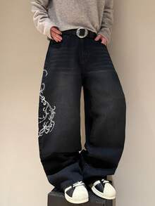 STEELVANCE Quần jeans ống rộng dáng suông, thêu chữ, kiểu vintage đã qua xử lý. - màu đen - Xem 4