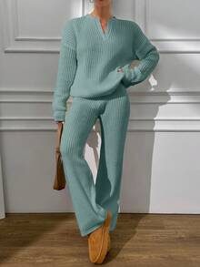 EURMUSE V Neck Sweater And Pant Casual Elegant - Mint Green - View 7