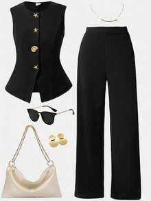 Girlism Everyday Casual Teen Girls Black Tank Top Co-Ord With Starfish Button Details And Long Straight Pants - Black - View 1