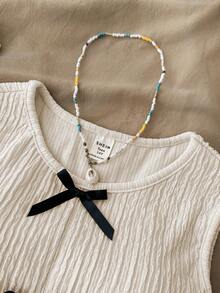 Teen Girls Cute White Crop Top With Black Bowknot Detail And Slit Hem,Summer Tops - Apricot - View 3