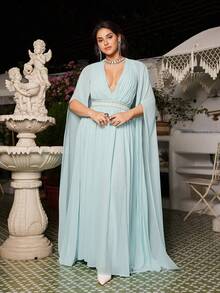 VOLUPTÉ CURVE Plus Size Summer Light Blue V-Neck Long-Sleeve Cinched Waist Floor-Length Gown For Formal Events, Parties, Going Out, Graduation, Birthdays - Green - View 6