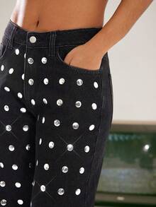 Denimoi Gold Studded Detail Straight Leg Denim Jeans, Fashionable, Fall And Winter - Black - View 2
