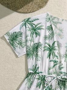 SHEIN 少女三件套比基尼，可爱纯色针织面料，饰以绿色叶子图案，时尚设计，款式端庄，适合海滩、游泳、度假、夏季等场合穿着。这款比基尼套装保暖舒适，适合圣诞节、新年、情人节等节日穿着。棕榈树印花罩衫，是女孩夏季沙滩装的理想之选，热带印花比基尼套装，度假两件套泳衣。 - 綠色 - 查看 3