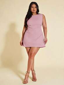 SHEIN BAE Plus Size Women's Red Ruched Mini Dress, Elegant Beach Vacation Dress For Spring/Summer Plus Size Dress Lilac Dress Plus - Pink - View 6