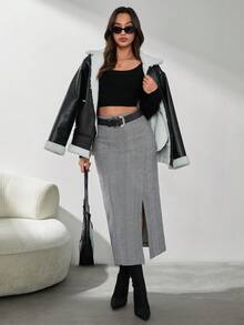 EURMUSE Casual Herringbone Pattern Split Hem Skirt For Autumn/Winter - Grey - View 4