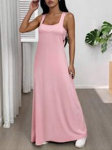 SHEIN EZwear 女士不对称领口无袖休闲连衣裙，夏季连衣裙，内置胸罩，浅粉色 - 淺粉色 - 查看 6