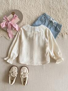 PrepCrw 1pc Young Girls Elegant Urban Casual College Style White Lace Trim Loose Fit Long Sleeve Blouse, Suitable For Back To School, Casual Outings, Trips, Gatherings, Festivals, Spring/Summer - White - View 3