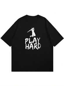 Versatile Baggy Short Sleeve T-Shirt With Fun Basketball Print, Ideal For Vacation, Work And Use - Black 10 - View 3