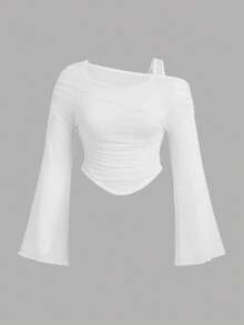 SHEIN MOD Camiseta de punto de malla transparente asimétrica de hombro 2 en 1 de talla grande - Blanco - Ver 1