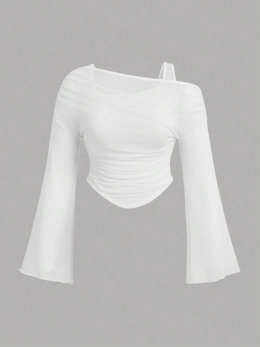 SHEIN MOD Camiseta de punto de malla transparente asimétrica de hombro 2 en 1 de talla grande - Blanco - Ver 1