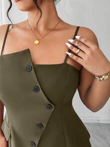 Elenzga Plus Size Casual Army Green Asymmetrical Button Front Woven Fabric Cami Top Regular Length Spaghetti Strap Tank Top - Army Green - View 3