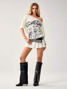 TOM & JERRY X SHEIN Women's Casual Cartoon & Letter Graphic Asymmetrical Neck Mini Dress, Summer - Apricot - View 5