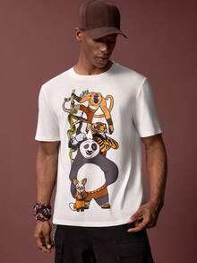 Kung Fu Panda X SHEIN Men's Casual Everyday Commute Cartoon Print White Short Sleeve T-Shirt, Summer - White - View 1