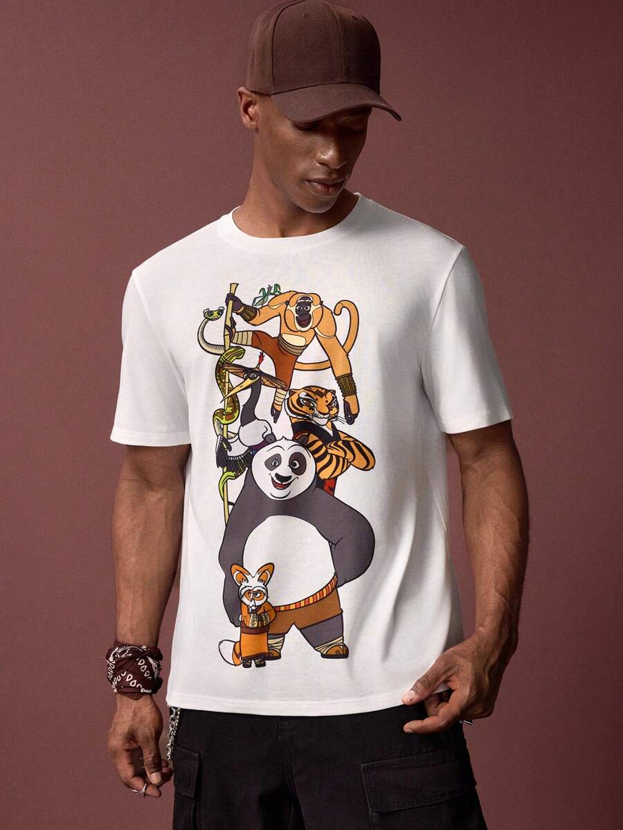Kung Fu Panda X SHEIN Men's Casual Everyday Commute Cartoon Print White Short Sleeve T-Shirt, Summer - White - View 1