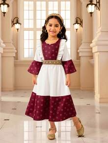 Young Girls' Middle Eastern Style Digital Print Patchwork White Woven Fabric Dress, Elegant & Cute For Professional, Religious, Holiday, Everyday Wear, Spring/Summer/Autumn/Winter New Floral Pattern Sisterwear - Red - View 6