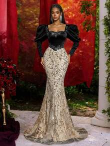 Glamrae Elegant Luxury Woven Satin Cream Collar Puff Sleeve Handmade Crystal Boned Splice Shiny Beaded Embroidered Fishtail Hem Gown, Suitable For Balls, Business, Private Tea Parties, Birthday, Holiday Events, Wedding Guest Dresses, Influencer Formal Dress