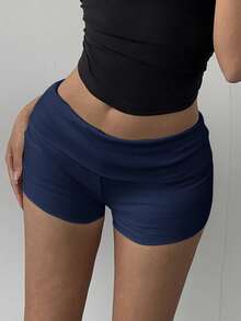 SHEIN BASICS 女士休闲纯色针织低腰修身运动短裤 - 寶藍色 - 查看 3