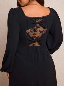 Elaquor Vestido elegante de talla grande con parches de encaje y abertura alta en unicolor para uso diario - Negro - Ver 2