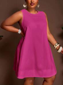 Veslaya Spring/Summer New Arrival Vacation & Casual Solid White Loose Sleeveless A-Line Plus Size Mini Dress - B - Hot Pink - View 4