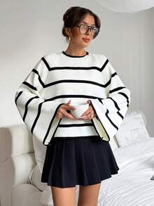 SHEIN Cottnline Weißer Fledermausärmel Pullover mit kontrastierendem schwarzem Streifen, Strickpullover mit Rollkragen und weiter Passform für Frauen - Weiss - Übersicht 8