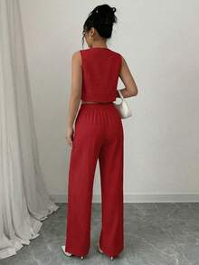 2 piezas Conjunto de top playera asimetrica sin mangas camisa unicolor y pantalon de pierna ancha, pantalon largo de mujer, verano, tela fresca, suave, casual, moda minimalista - rojo - Ver 2