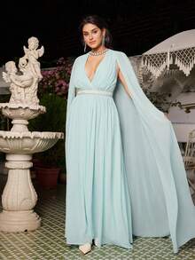 VOLUPTÉ CURVE Plus Size Summer Light Blue V-Neck Long-Sleeve Cinched Waist Floor-Length Gown For Formal Events, Parties, Going Out, Graduation, Birthdays - Green - View 5