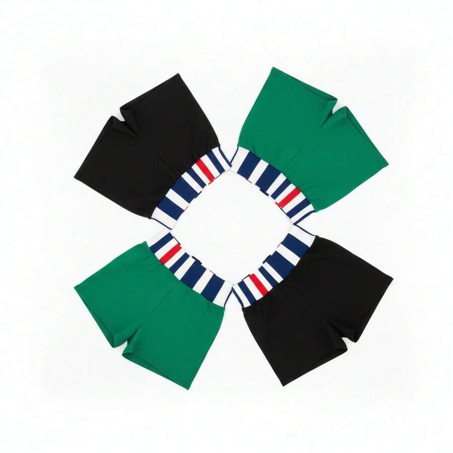 Pantalones cortos de COLOR VERDE, VERDE, NEGRO y NEGRO 4PK  deportivas cortas unisex con pretina elástica a rayas tricolor, pantalón corto de entrenamiento para gym, yoga, correr o uso diario, en colores rojo, verde, negro, blanco, rosa y azul marino, tela suave tipo compresión para deporte y casua, - VERDE - Ver 1