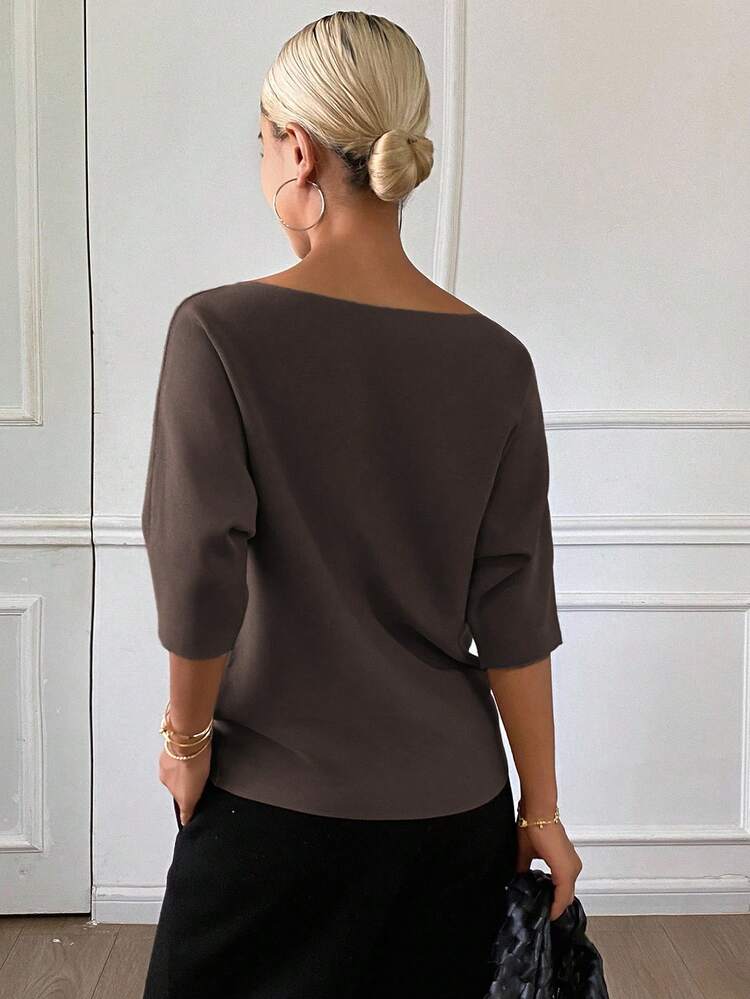 Women's Solid Color Fitted Boat Neck Half Sleeve Casual Elegant Knit Top, Autumn/Winter