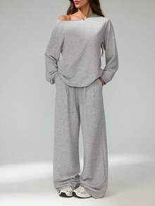 SHEIN Tall 女士秋冬/夏季四季街头风外出露肩长袖灰色卫衣搭配松紧腰高腰灰色长裤两件套，舒适百搭。 - 灰色 - 查看 7
