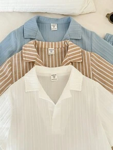 SHEIN 6件套 男童/女童春夏纯色条纹领短袖梭织衬衫短裤套装，舒适休闲百搭日常服装 - 彩色 - 查看 5
