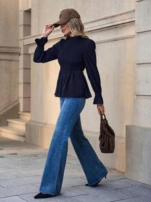 Solivie Blusa holgada de manga larga con volantes elegantes para mujer, camiseta interior versátil para otoño - Azul Marino - Ver 5