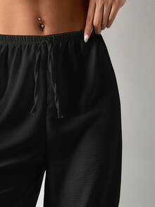EURMUSE Solid Elastic Waist Wide Leg Trousers - Black - View 5