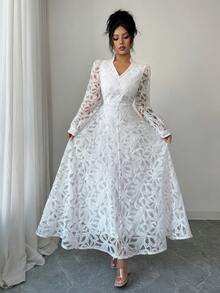 Modelyn Vestido de mujer con cuello en V y mangas farol, estilo francés - Blanco - Ver 4