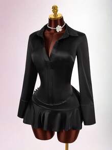 Amplova 巴洛克风格缎面优雅长袖迷你裙套装（女款） - 黑色 - 查看 4
