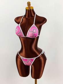 Amplova Women's Shiny Pink Jersey Style Numbered Swimsuit Set, Sexy & For Beach Vacation - Multicolor - View 9