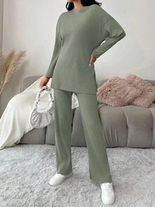 EURMUSE Cotton Women's Solid Color Dropped Shoulder Ribbed T-Shirt And Pants Set - Olive Green - View 4